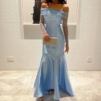 Элегантные Небесно-голубые атласные платья Русалки для выпускного вечера с открытыми плечами, блестящие пайетки, Длинные рукава, Вечерние платья для арабских вечеринок в Дубае