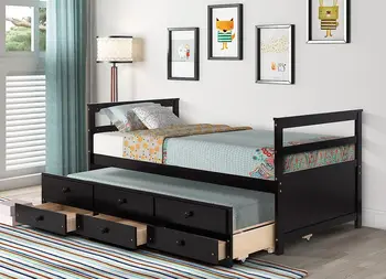 Двуспальная раскладная кровать с местом для хранения, капитанская кровать с 3 выдвижными ящиками, деревянный каркас раскладной кровати с выдвижной кроватью для детей-подростков