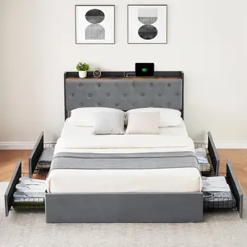 Каркас кровати Queen-size с 4 Ящиками для хранения, USB-портами для зарядки и розетками, обитый изголовьем, Пружинный блок не требуется