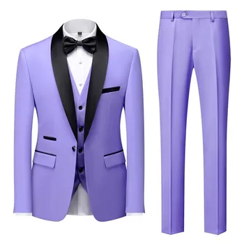 Мужские костюмы, Комплект из 3 предметов, Приталенный Повседневный Деловой Светло-Фиолетовый Платок С Лацканами, Вечерние Смокинги для Женихов на свадьбу (Блейзер + Брюки + Жилет)