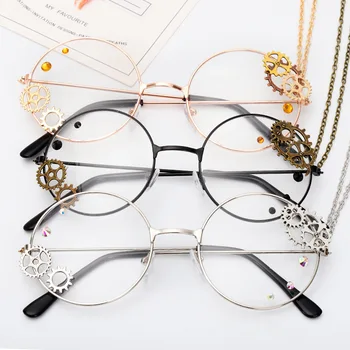 Круглая оправа для очков в стиле Стимпанк, Женская цепочка в стиле Лолиты, женские Ретро Оправы для очков с прозрачными линзами, Золотые очки