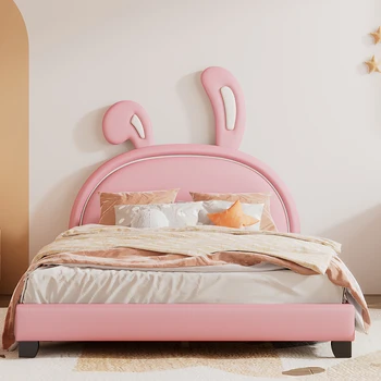 [Срочная распродажа] Полноразмерная кровать на платформе из искусственной кожи с изголовьем в виде кролика, розовая / белая / серая [США-W]