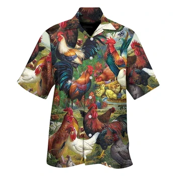 Новая летняя мужская одежда, забавная мужская рубашка с 3D-принтом в виде цыплят и животных, Удобные топы с коротким рукавом и лацканами, повседневная рубашка для пляжной вечеринки