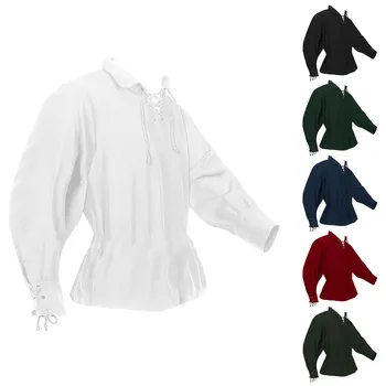 Модная повседневная Универсальная ретро-и удобная мужская средневековая винтажная футболка с длинным рукавом на завязках для мужчин, приталенная блузка