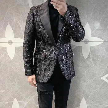 Высококачественный черный двухслойный костюм с блестками для тяжелой промышленности, куртка для мужчин, пальто для мастеров ночного клуба, мужская одежда для выступлений на сцене клуба