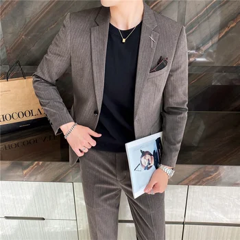 (Куртка + брюки) 2022 Новая мода Для мужчин Высокое качество Slim Fit Низкая цена Бизнес Свадьба Жених Чистый цвет Блейзеры Брюки Комплект из 2 предметов