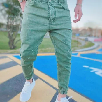 2023 Осенние мужские джинсы Slim Fit, однотонные повседневные джинсы с эластичной резинкой на талии, широкие брюки для ног, уличная одежда, джинсовые брюки для бега трусцой, мужские