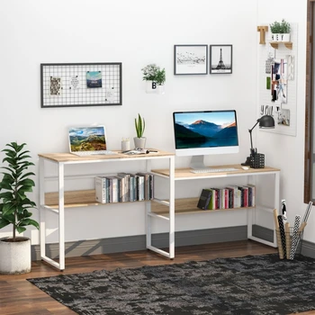 Индустриальный стиль, 86,5-дюймовый стол для двоих, двойной компьютерный стол, письменный стол с открытыми полками, длительное хранение для домашнего офиса