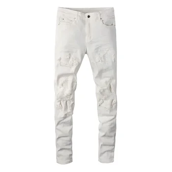 Бестселлер уличной одежды EU Drip, Белые мужские джинсы Slim Fit С дырками, нашивки на ребрах, растянутые, поцарапанные итальянские джинсы Drip