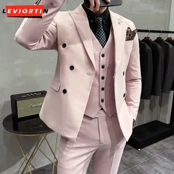 2023 новый двубортный корейский вариант костюма с лацканами, жилет, мужской костюм, тонкий деловой костюм, мужской фрак, костюм из 3 предметов, Homme