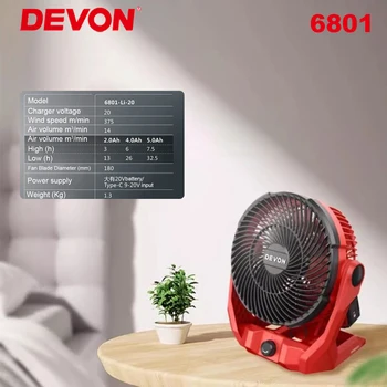 Аккумуляторный вентилятор Devon 6801 375 м / мин 14 кубических Метров в минуту 20 В Перезаряжаемый с USB Type-C Универсальная Аккумуляторная платформа Devon Flex