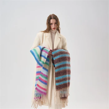 Корейский шарф в радужную полоску, Зимний Вязаный шарф в полоску контрастного цвета, Модная шаль, одеяло, Уличный Шарф для пары, защищающий от холода,