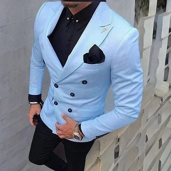 Сшитое на заказ мужское пальто, брюки, повседневный двубортный приталенный костюм Небесно-голубого цвета, смокинг для жениха, свадебный блейзер Terno Masculino 2023