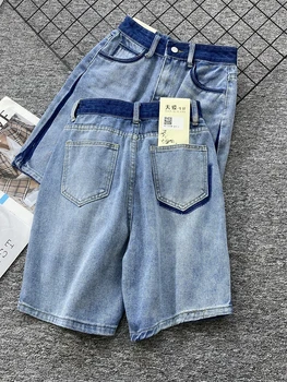 Летние женские синие джинсовые шорты с высокой талией, джинсы трапециевидной формы Y2k, повседневная винтажная уличная одежда Harajuku, короткие брюки Оверсайз