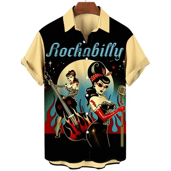 Рубашки с рисунком Рокера и рокабилли, мужская одежда, Гавайские пляжные рубашки с 3D-принтом, топы с короткими рукавами, винтажная одежда, блузки с лацканами