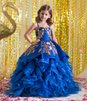 Королевские синие мини-пышные платья, бальное платье С аппликацией из органзы, платья для девочек в цветочек для свадеб, Мексиканские нарядные платья, детские