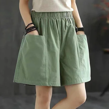 Летние хлопчатобумажные свободные шорты, женские повседневные прямые короткие брюки, брюки-карго Harajuku для девочек, широкие брюки с большими карманами внизу