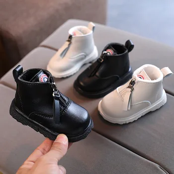 Детская хлопчатобумажная обувь для мальчиков и девочек, обувь для маленьких детей, зимняя плюшевая кожаная обувь