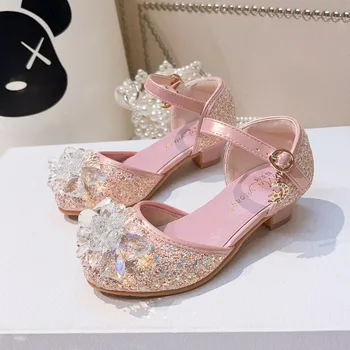 Серебристо-розовые Детские Кожаные туфли для девочек, Туфли принцессы на высоком каблуке, детское сценическое платье, Студенческие танцевальные Сандалии с подвеской