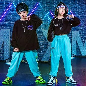 Детская одежда в стиле хип-хоп, черная толстовка, топ или синяя Свободная уличная одежда, штаны для бега трусцой для девочек, танцевальный костюм для мальчиков, одежда