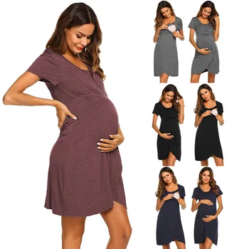 Платье для беременных, однотонное летнее платье для беременных с коротким рукавом, костюмы для кормления женщин
