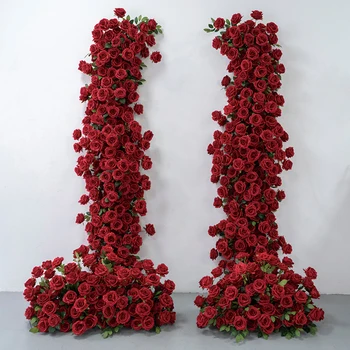 Роскошный Свадебный фон из красной Бургундской розы с зелеными листьями, декор арки из КТ-доски, Настенная Цветочная композиция, напольный цветочный реквизит для мероприятия