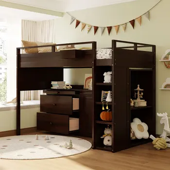 Кровать-чердак Espresso с выдвижным шкафом и письменным столом для домашней мебели для спальни