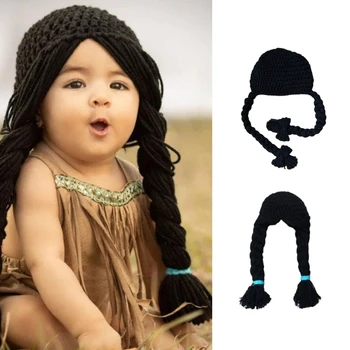 Детская вязаная шапочка-парик ручной работы, Шерстяная вязаная шапочка с двойными косами для малышей, Модный реквизит для фотосессии, головные уборы для 0-6 м