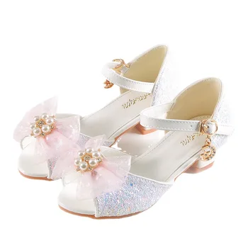 Детская обувь на высоком каблуке для девочек, обувь принцессы для подростковой вечеринки с жемчугом и кристаллами, детские свадебные вечерние кожаные сандалии