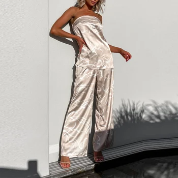 Модный женский пижамный комплект Простой абстрактной линии, повседневный комплект с бюстгальтером без бретелек, женский модный шелковый атлас, удобный костюм, домашняя одежда