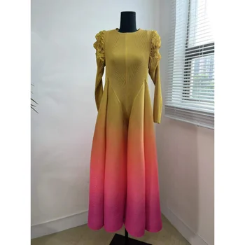 Женское плиссированное платье Макси Miyake, новинка лета 2023, женские Модные Элегантные вечерние платья с круглым вырезом и рукавом Три четверти, халат