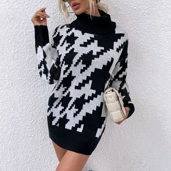 Женский свитер, теплый пуловер 2023, осенне-зимний вязаный топ средней длины с контрастным отворотом в стиле пэчворк