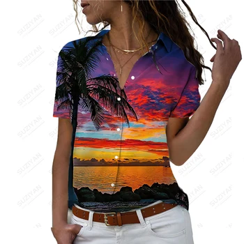 2023 Новая Рубашка С 3D Принтом Кокосовой Пальмы, Модная Рубашка В Праздничном Стиле С Коротким Рукавом, Женская Летняя Повседневная Однобортная Рубашка