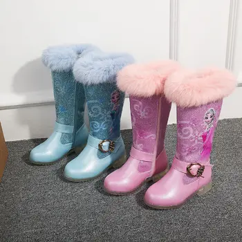Ботинки на высоком каблуке для девочек Disney, блестящие ботинки замороженной принцессы Эльзы, плюшевые теплые детские зимние ботинки на меху, розово-голубые туфли, размер 25-3