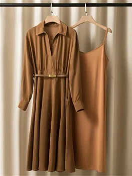 Женский шелковый халат с отложным воротником, комплект из двух предметов, Плиссированное темпераментное простое женское платье до середины икры с длинным рукавом