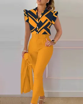 Летний женский костюм 2023 из двух частей, топ без рукавов с принтом + брюки-карандаш, новые комплекты из желтой, красной, синей, оранжевой, красно-зеленой ткани