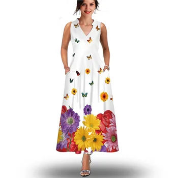 Летняя новинка 2023, женская мода, сексуальная цифровая печать, длинная юбка в стиле ретро с V-образным вырезом, без рукавов, с карманами, свободное платье в цветочек, пикантное платье