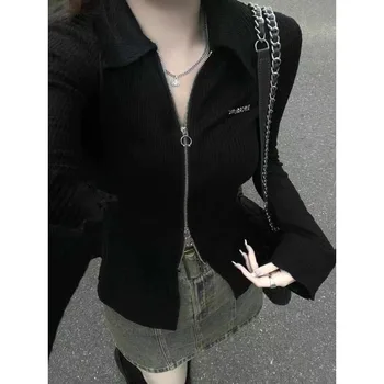 Deeptown, черная рубашка, женская блузка в корейском стиле, уличная одежда, топ на молнии с длинным рукавом, Тонкая, элегантная, шикарная мода Gyaru Harajuku.