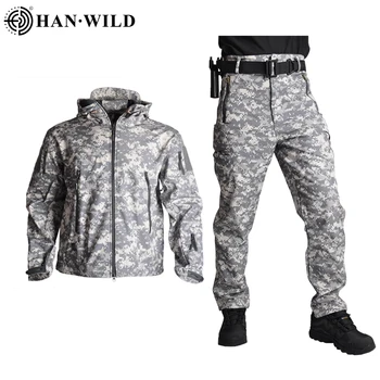 Боевая форма HAN WILD, тактическая куртка, мужские брюки, армейский военный костюм, водонепроницаемые мужские спортивные костюмы для кемпинга, походное пальто с капюшоном, термальность