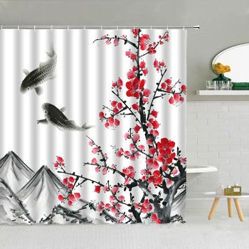 Занавеска для душа в виде рыбы в цвету сливы в китайском стиле, пейзаж, рисование тушью, Принадлежности для ванной комнаты из полиэстера, декор для ванны с крючками