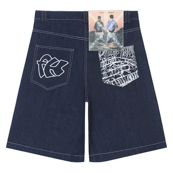 Карманы в стиле хип-хоп, вышивка, буквенный принт, джинсовые шорты для мужчин, новые летние джинсовые брюки в стиле ретро с широкими штанинами длиной до колена