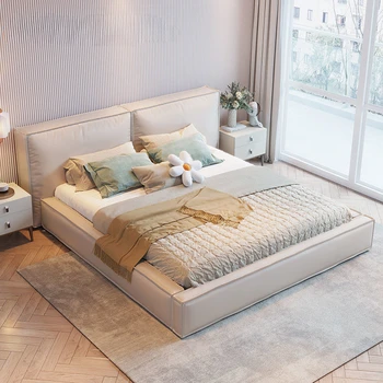 Каркас кровати из технической ткани, Толстая спинка, обитая серой тканью, Домашняя мебель для спальни, Современная двуспальная кровать