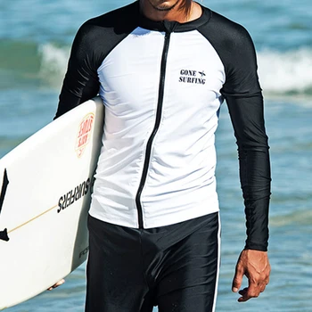 Мужской модный раздельный гидрокостюм на молнии спереди, Солнцезащитный крем с длинным рукавом, быстросохнущий купальник, пляжная футболка для занятий водными видами спорта, Топ для серфинга