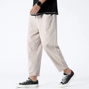 Мужские однотонные простые повседневные брюки с эластичной резинкой на талии и завязками, свободного кроя, с большими карманами, Тонкие длинные брюки