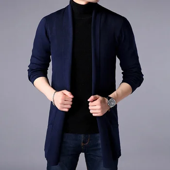 Мужской тонкий вязаный кардиган, весенне-осенний однотонный свитер с длинными рукавами, мужской приталенный кардиган, свитер
