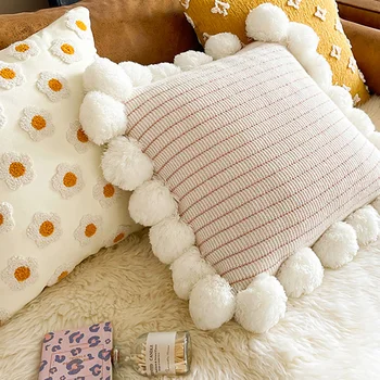 Прямоугольная подушка для стула Дизайнерская гостиная из скандинавского жаккарда снаружи, кавайные подушки, эстетичный диван с помпоном Cojin Home Decor