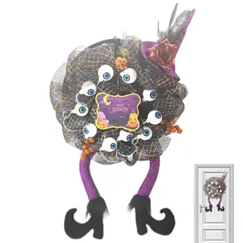 Венок на Хэллоуин Светодиодный Фиолетовый Венок на Хэллоуин с ножкой шляпы ведьмы Домашний декор для вечеринки в саду во дворе, повесить на окно входной двери