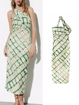 TRAF, Элегантное Женское клетчатое платье-камзол до середины икры, 2023, Летнее праздничное платье на одно плечо, платье на молнии с диагональным воротником