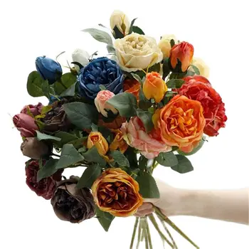 ОДНА искусственная роза на коротком стебле, нарисованная маслом (3 головки/штука) Длиной 17 дюймов, имитирующая Ретро-осеннюю розу для центральных украшений свадьбы