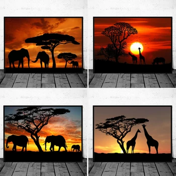 Африканское животное Слон на закате Холст Живопись Плакаты и принты Настенные рисунки для домашнего декора гостиной